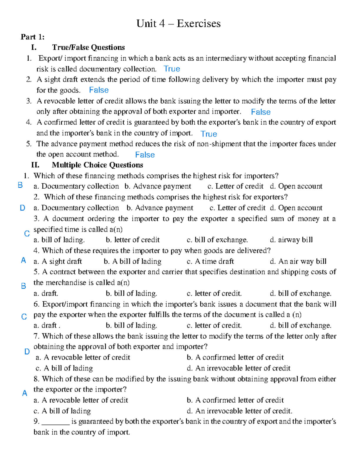 Unit 4 - Exercises: Import Financing & Payment Methods Overview - Studocu