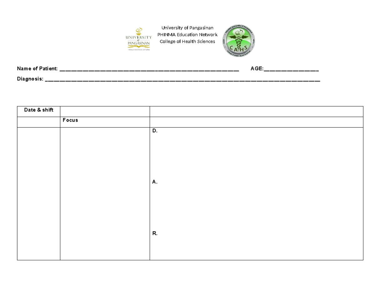 FDAR- Template - Nursing - University of Pangasinan PHINMA Education ...