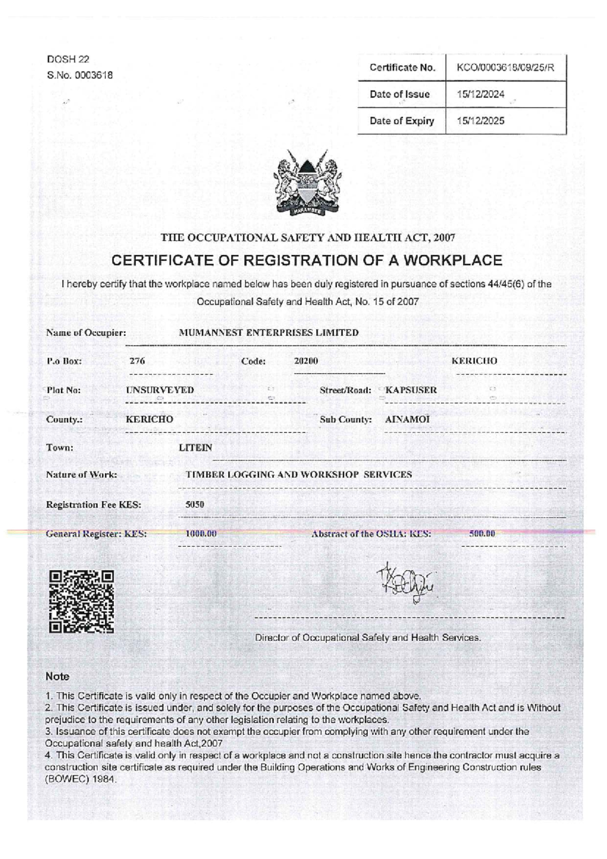 DOSH 22 Certificate of Registration for MUMANNEST ENTERPRISES - Studocu
