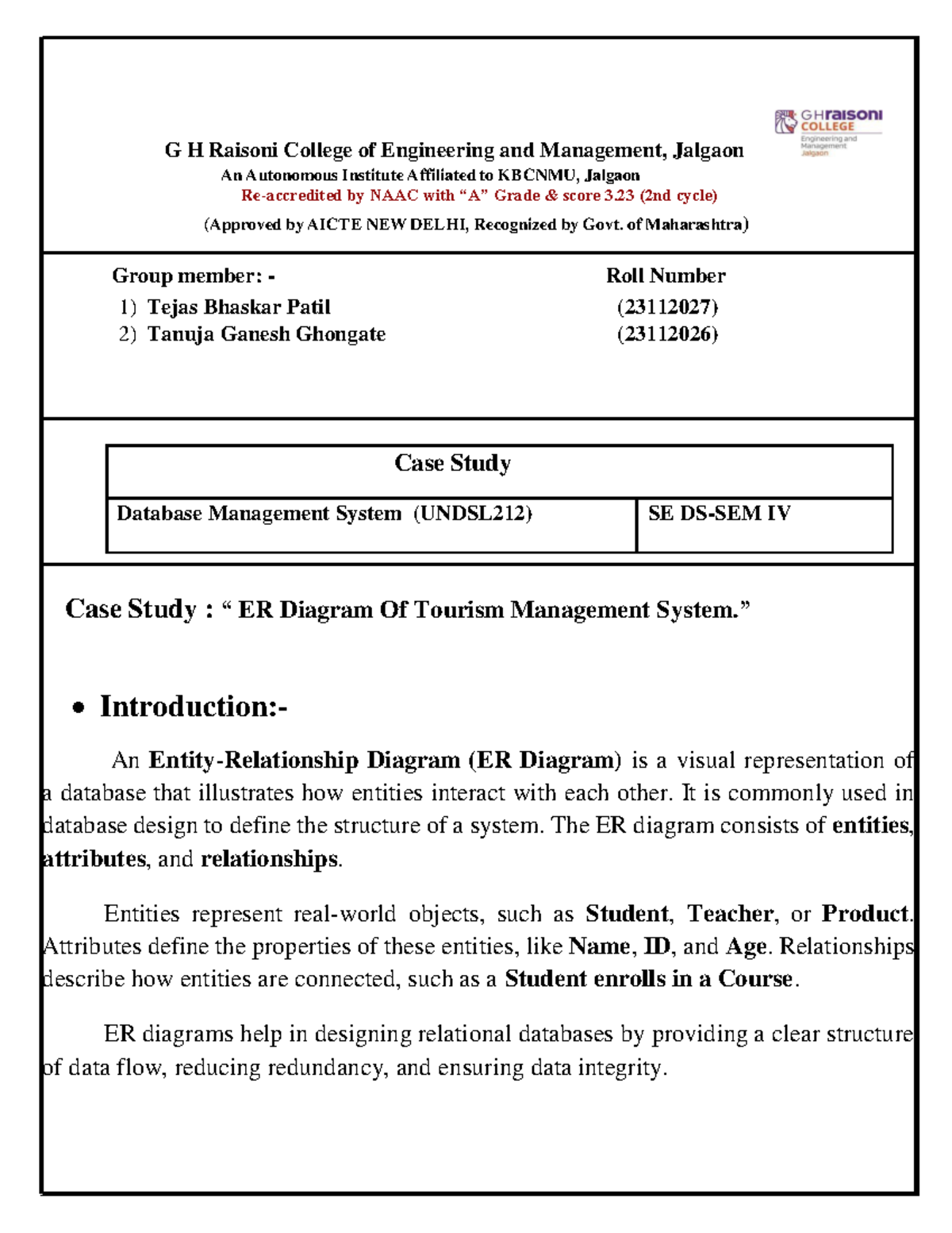 DBMS Case Study: ER Diagram of Tourism Management System (UNDSL212 ...