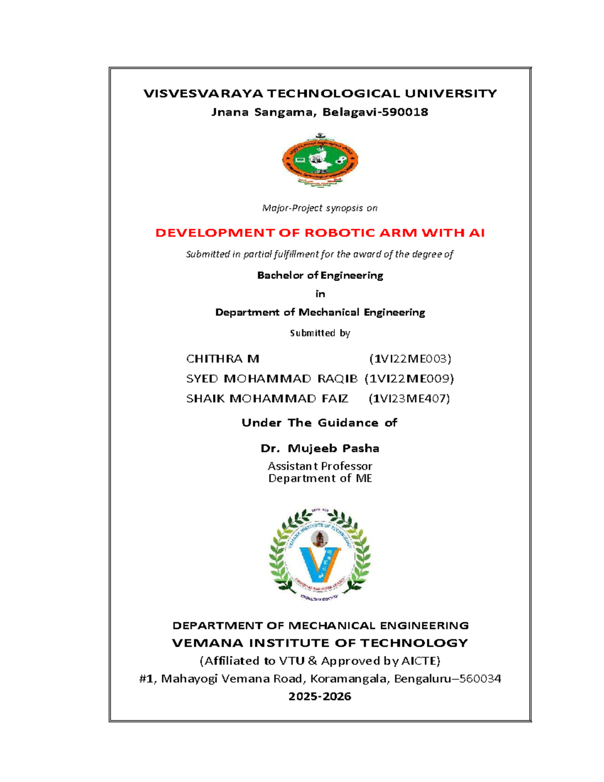 VTU 1VI22ME003: Development of AI-Integrated Robotic Arm Project Report ...