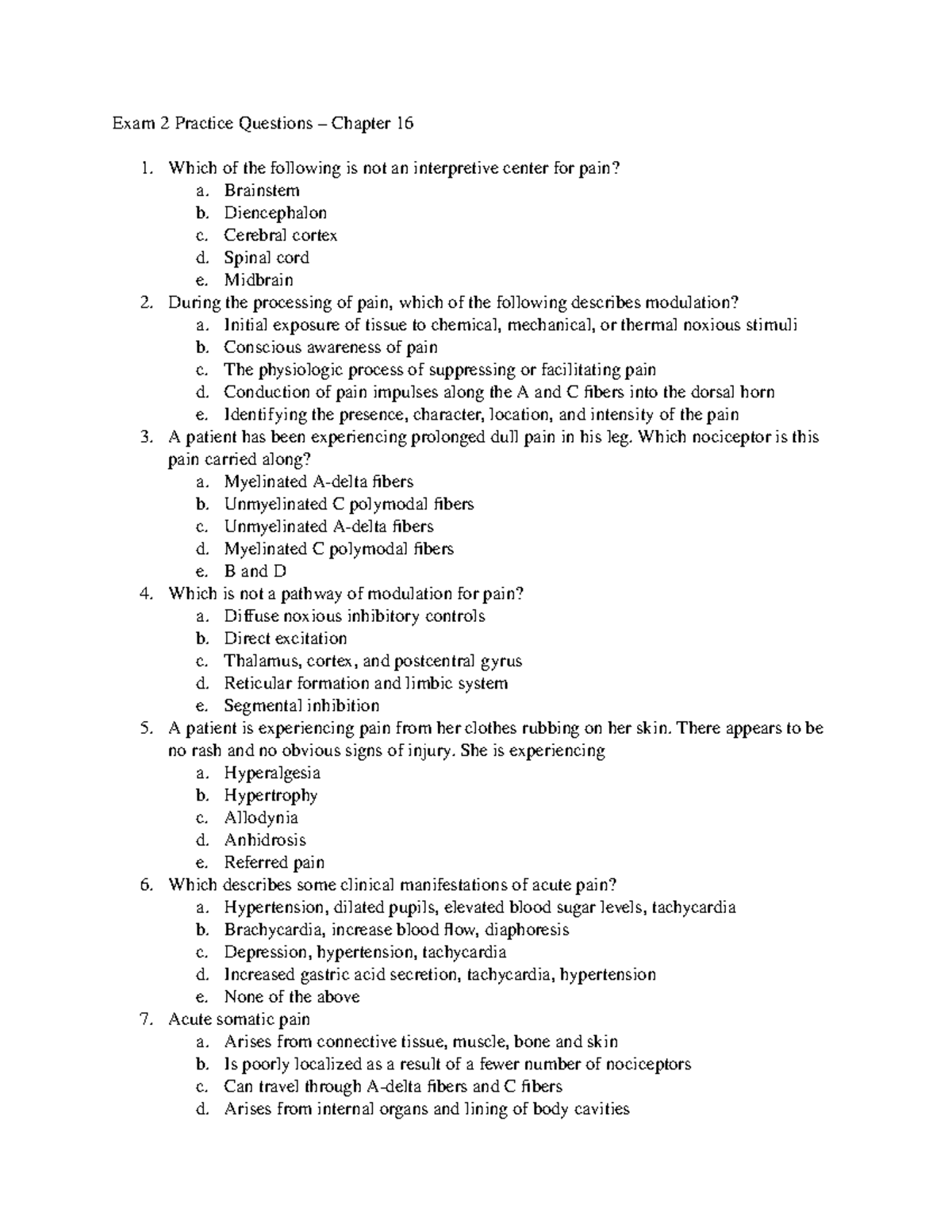 Exam 2 Practice Questions (Ch. 16-19) for Pain Management Study - Studocu