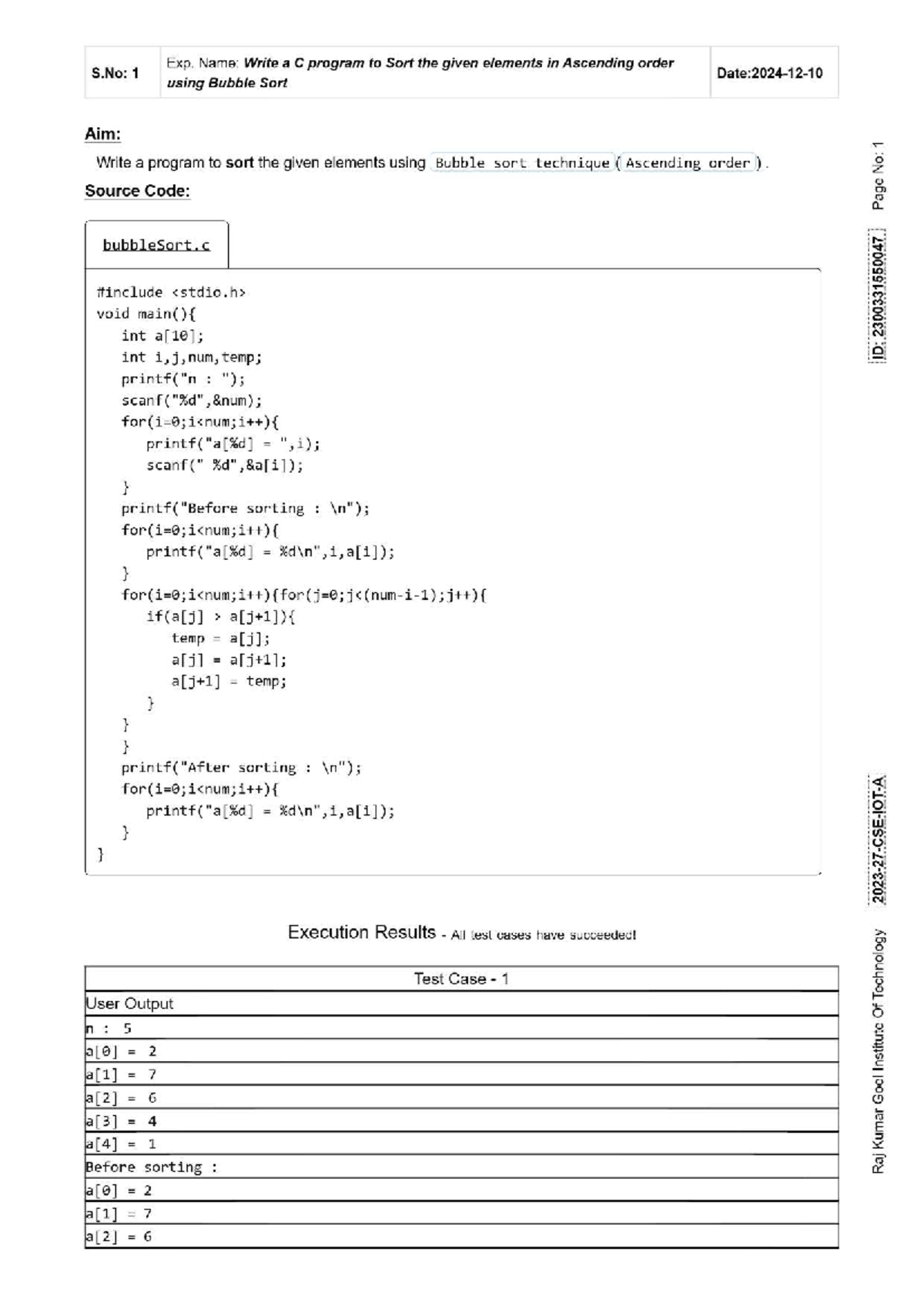 DS practical code 1 - Exp. Name: Write a C program to Sort the given ...