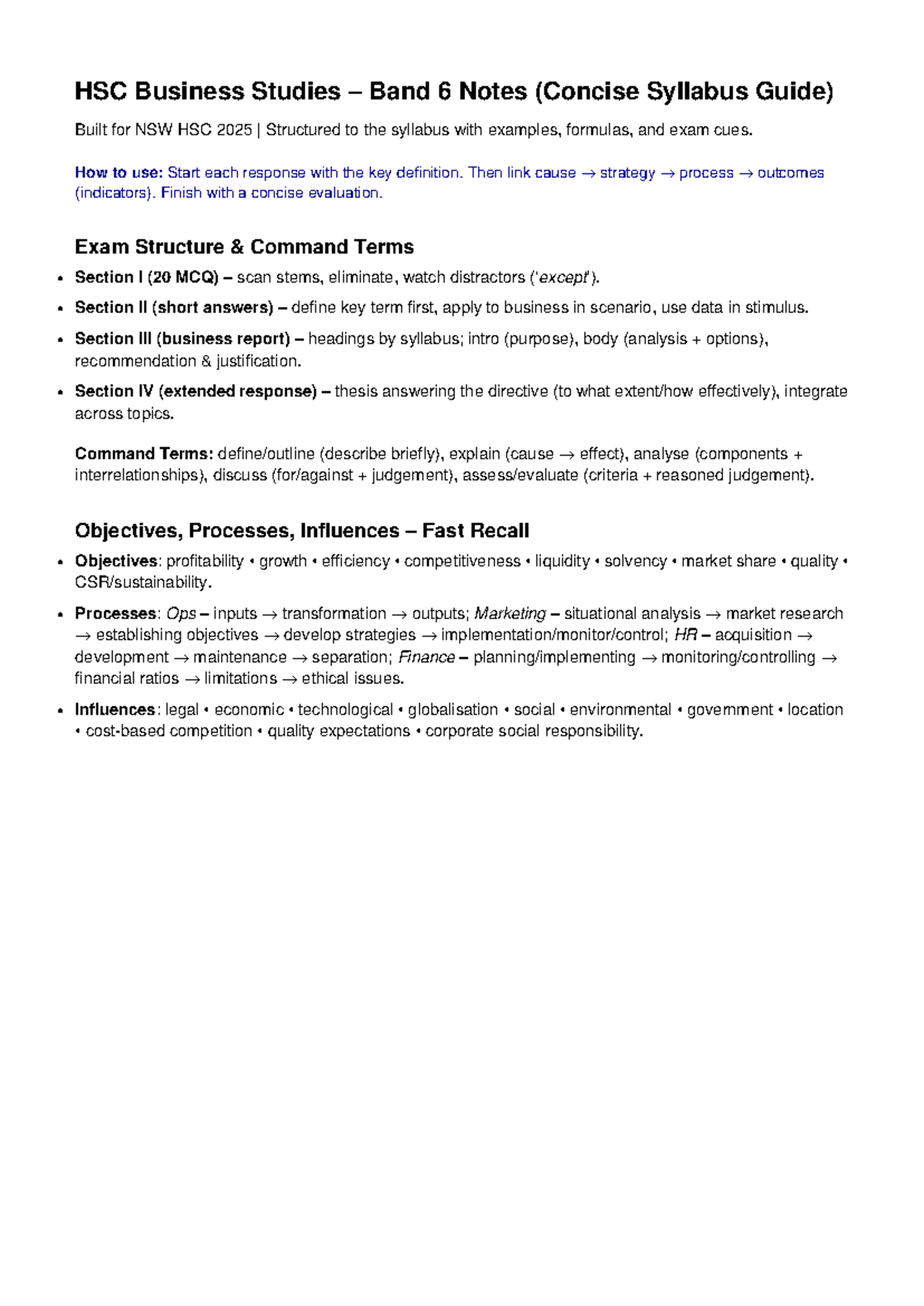 HSC Business Studies Band 6 Exam Notes for 2025 Syllabus - Studocu