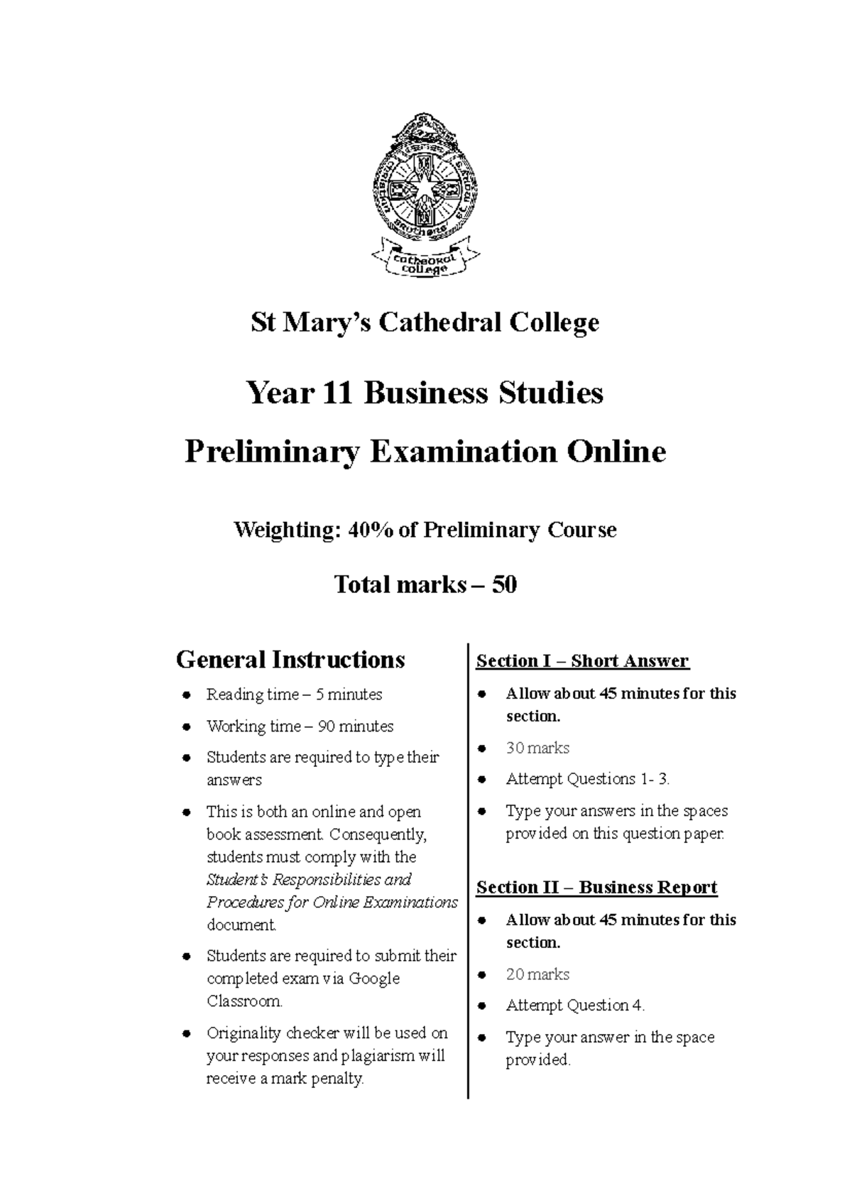 St Cathedral College Year 11 Business Studies Preliminary Exam 2021 ...