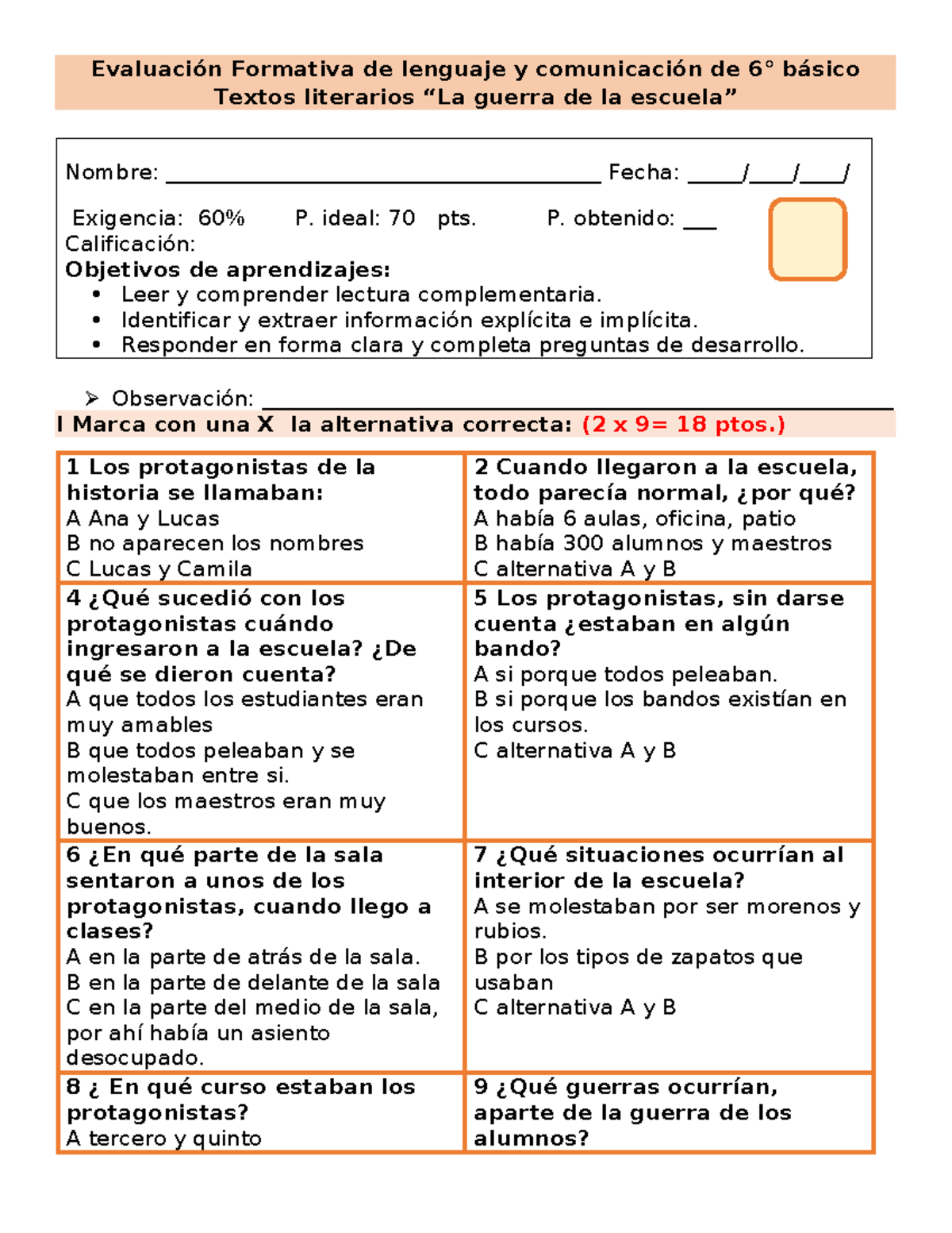 6° La Guerra De La Escuela - Evaluación Formativa De Lenguaje Y 