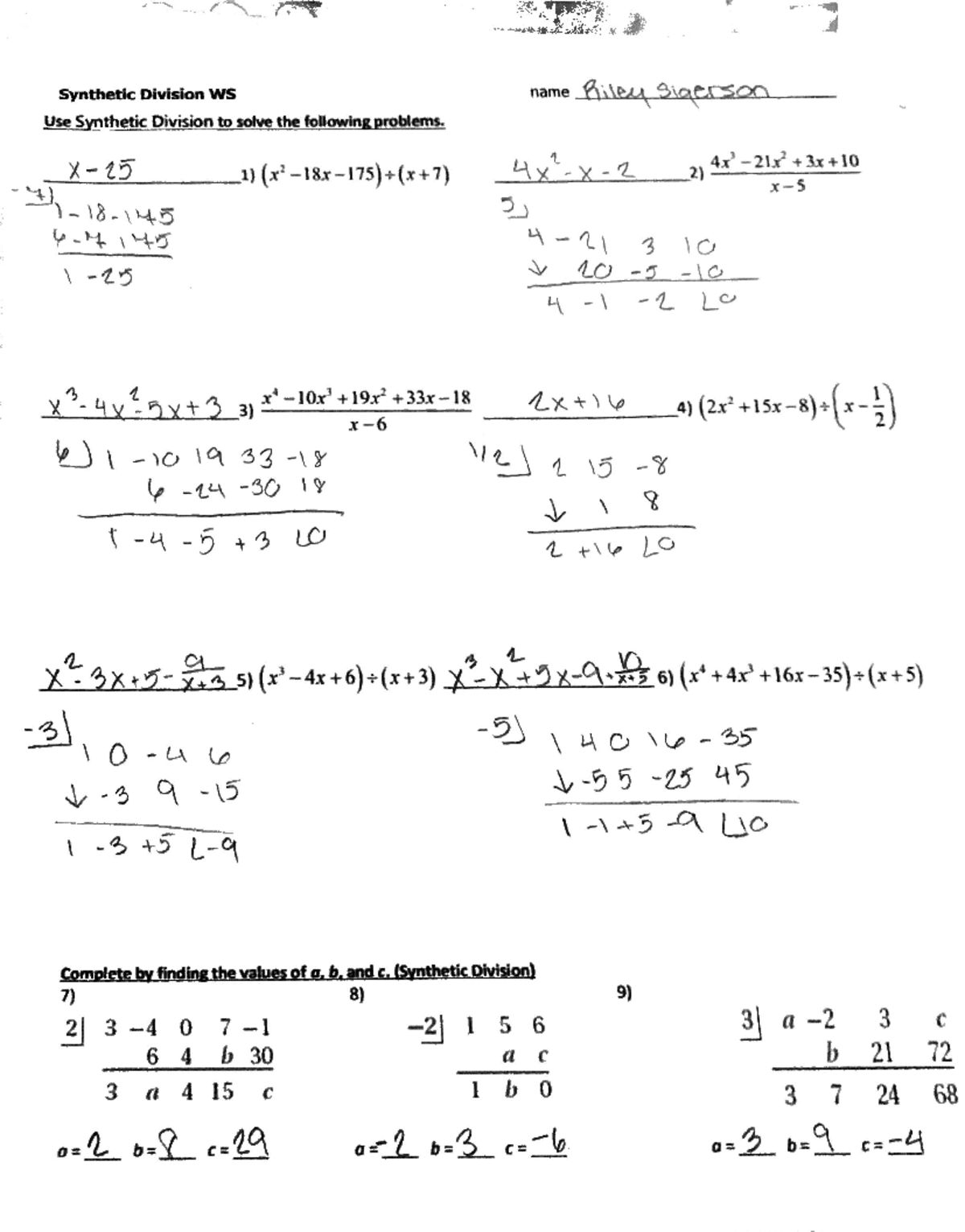 Synthetic division - MATH 1314 A002 - 4x x 2 2) 5) 3 10 L9 3) 4) W1 19 ...