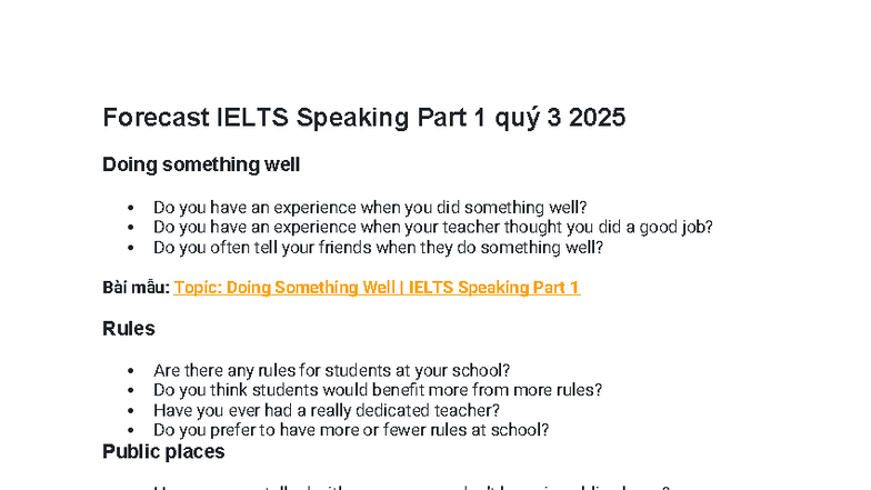 Forecast IELTS Speaking Part 1 Topics for Q3 2025 - Studocu