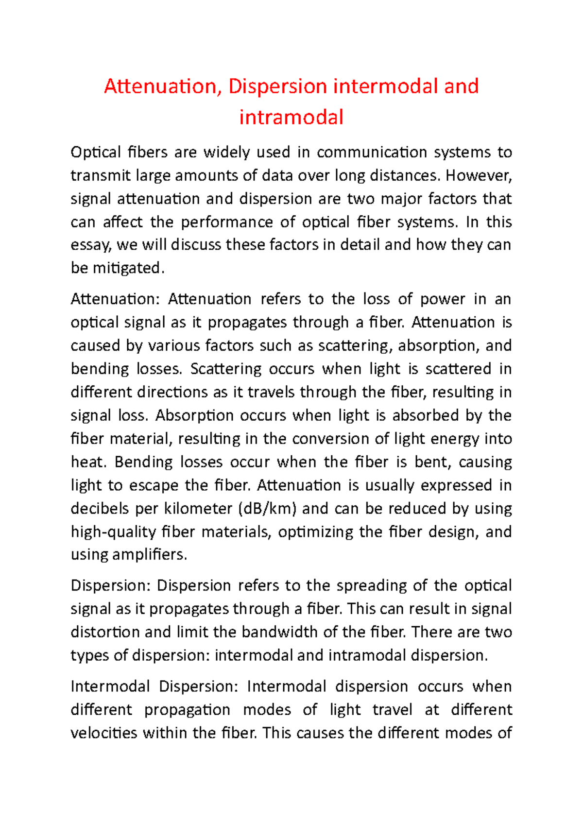 Optical Fiber Performance: Attenuation & Dispersion Insights - Studocu