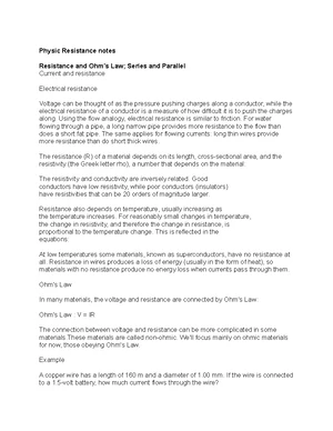 Resistance & Ohm's Law - Study Notes & Assignments - Studocu