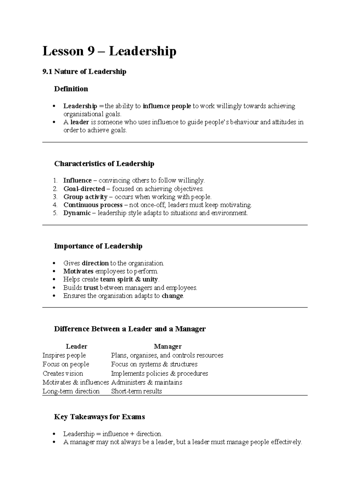 Lesson 9 Summary: Leadership Concepts and Theories - Studocu