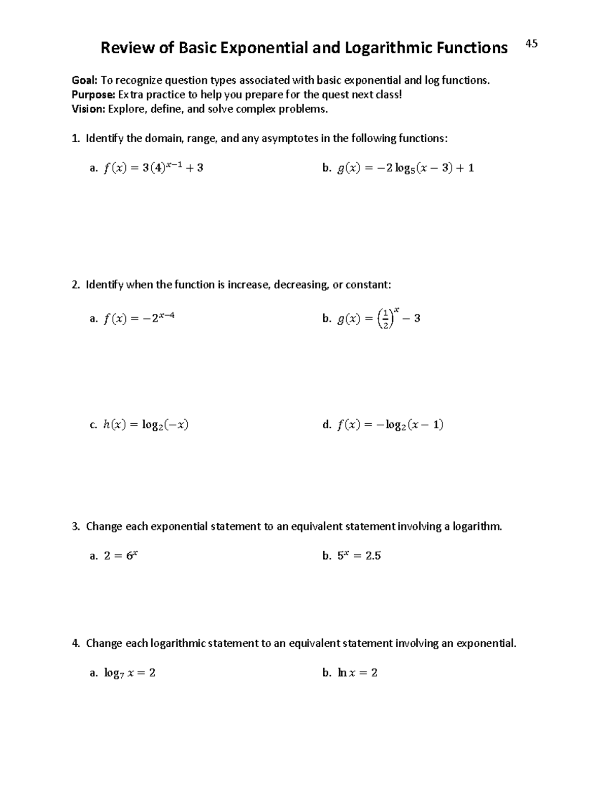 Review of Basic Exp & Log Functions - Extra Practice for Quest - Studocu