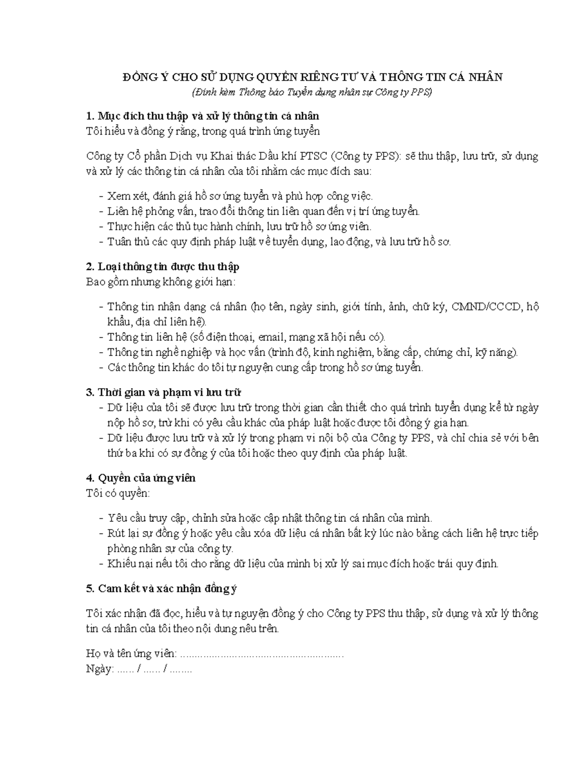 ĐỒNG Ý SỬ DỤNG THÔNG TIN CÁ NHÂN - FORM 251112 (Công ty PPS) - Studocu