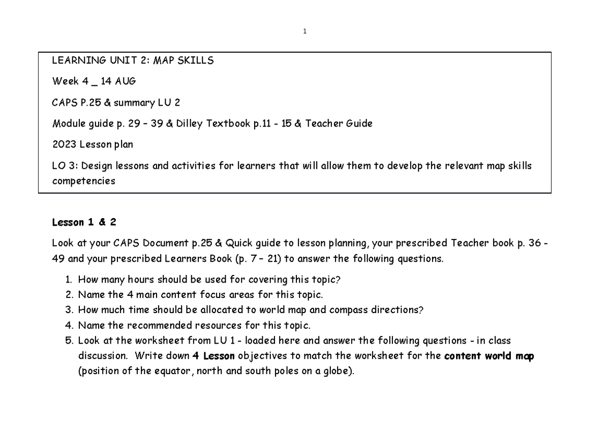 2023 LU 2 - Map Skills WEEK 4 Worksheet - 1 LEARNING UNIT 2: MAP SKILLS ...
