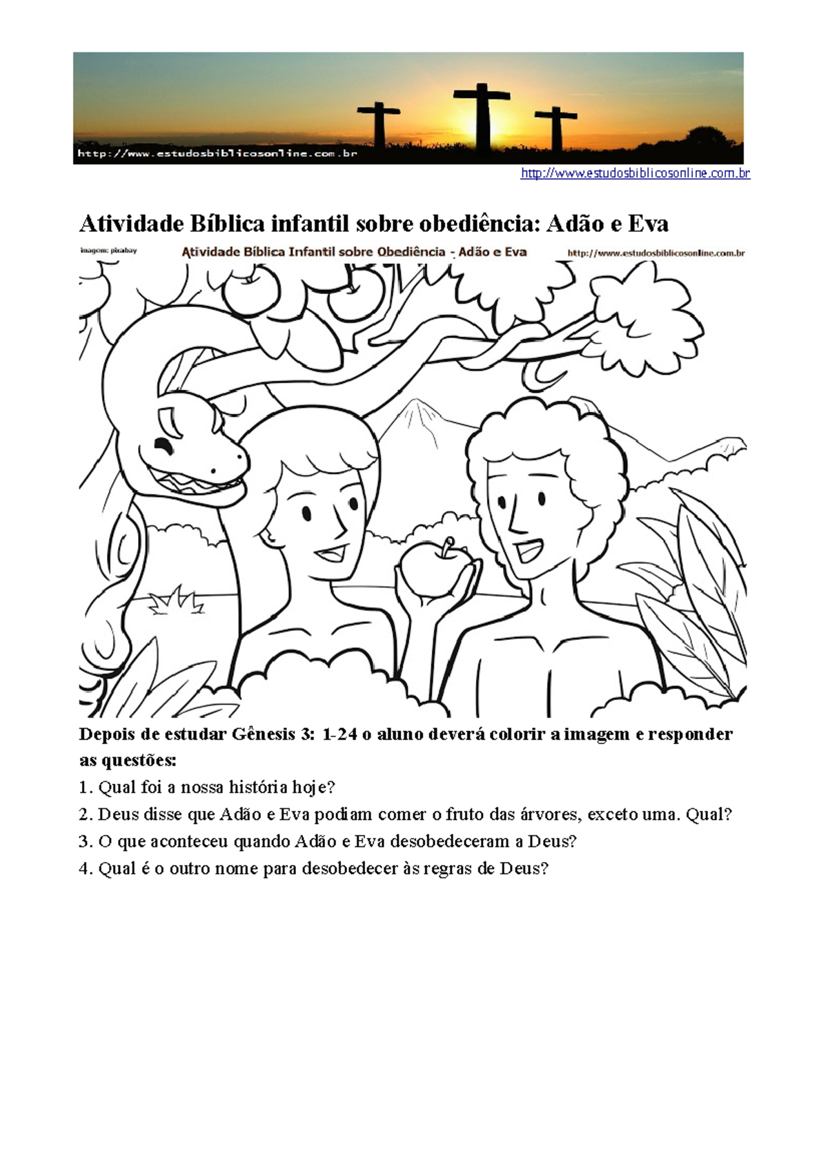 Desenhos biblicos para imprimir e colorir - Atividade Bíblica infantil  sobre obediência: Adão e Eva - Studocu