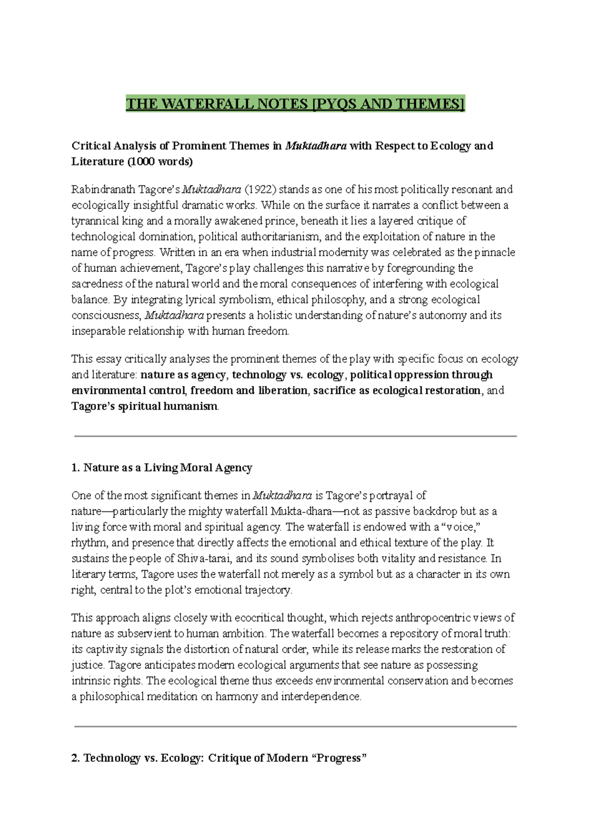 Muktadhara (The Waterfall) Notes: Themes & Critical Analysis - Studocu