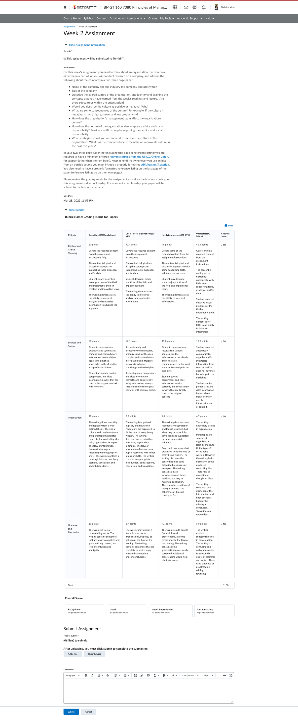 Week 2 Assignment - BMGT 160 7380 Principles of Management (2232 ...