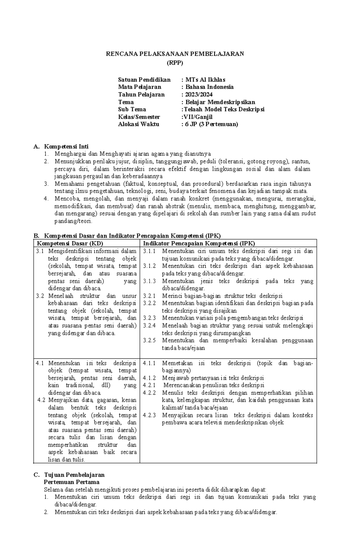 RPP MTs Bahasa Indonesia: Mendeskripsikan Teks Deskripsi (6 JP) - Studocu