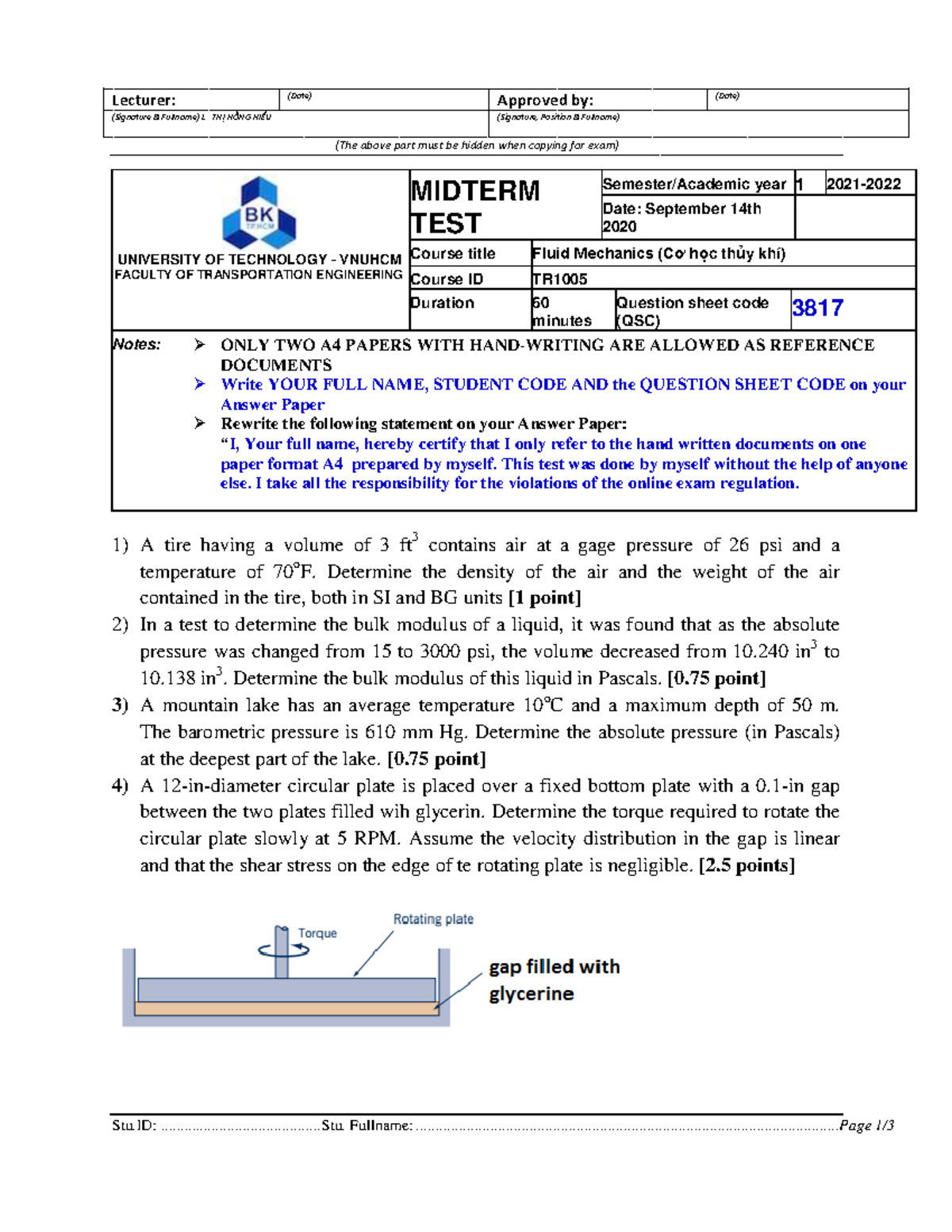 Fluid Mechanics Midterm & Final Exam Exercises (TR) 2021-2022 - Studocu