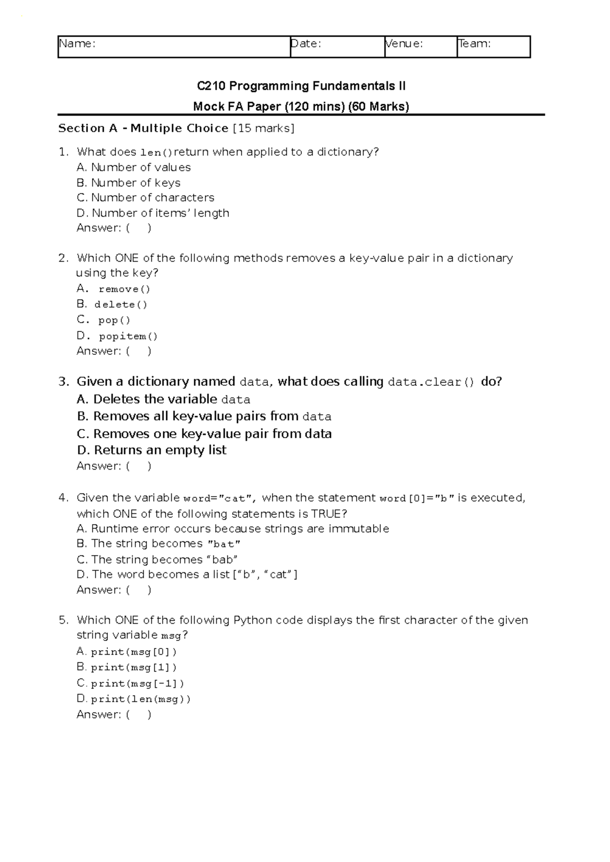 C210 Programming Fundamentals II Mock FA Paper - AY25S2 - Studocu