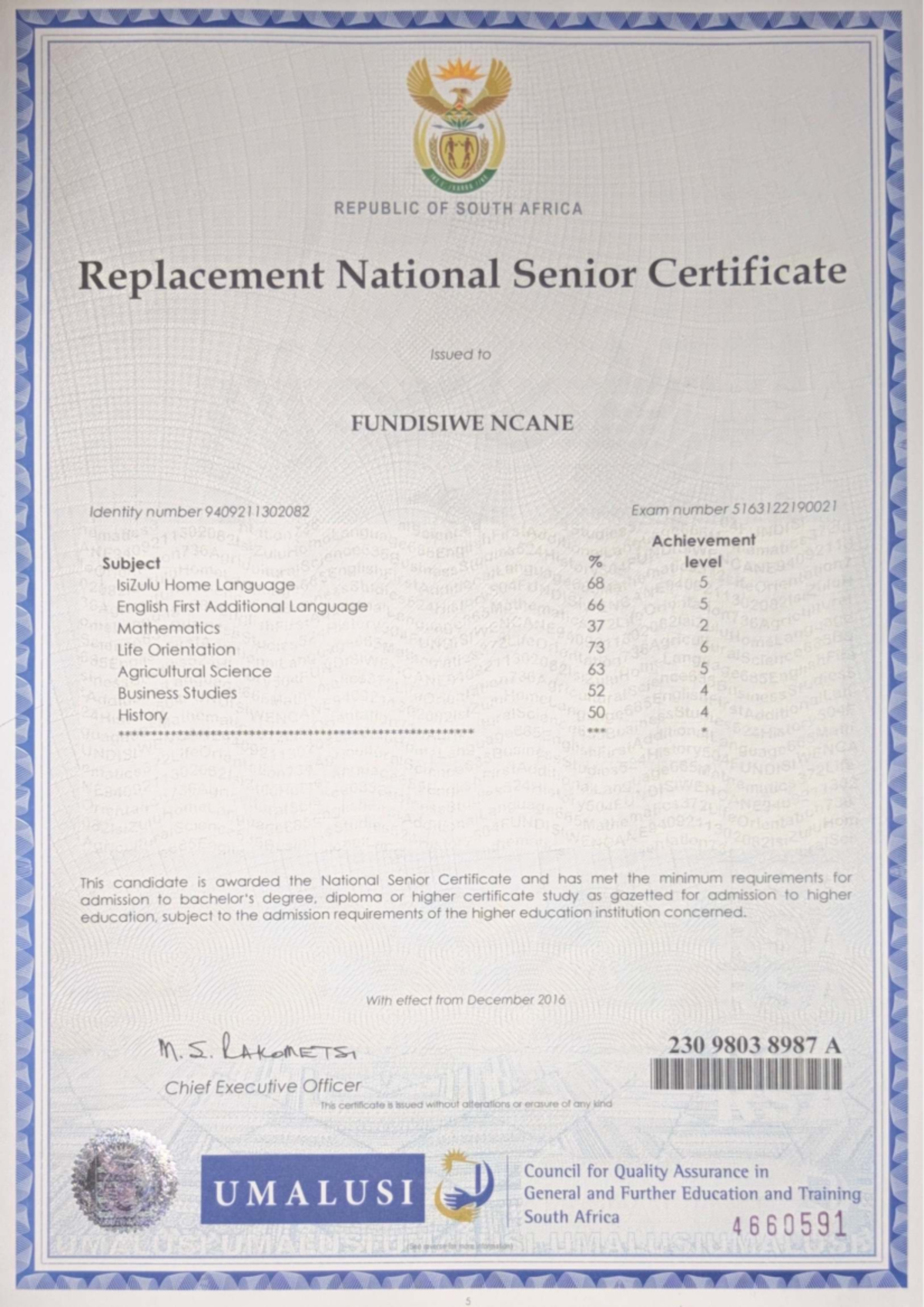 WSU Bachelor of Education Academic Transcript for Fundisiwe Ncane - Studocu