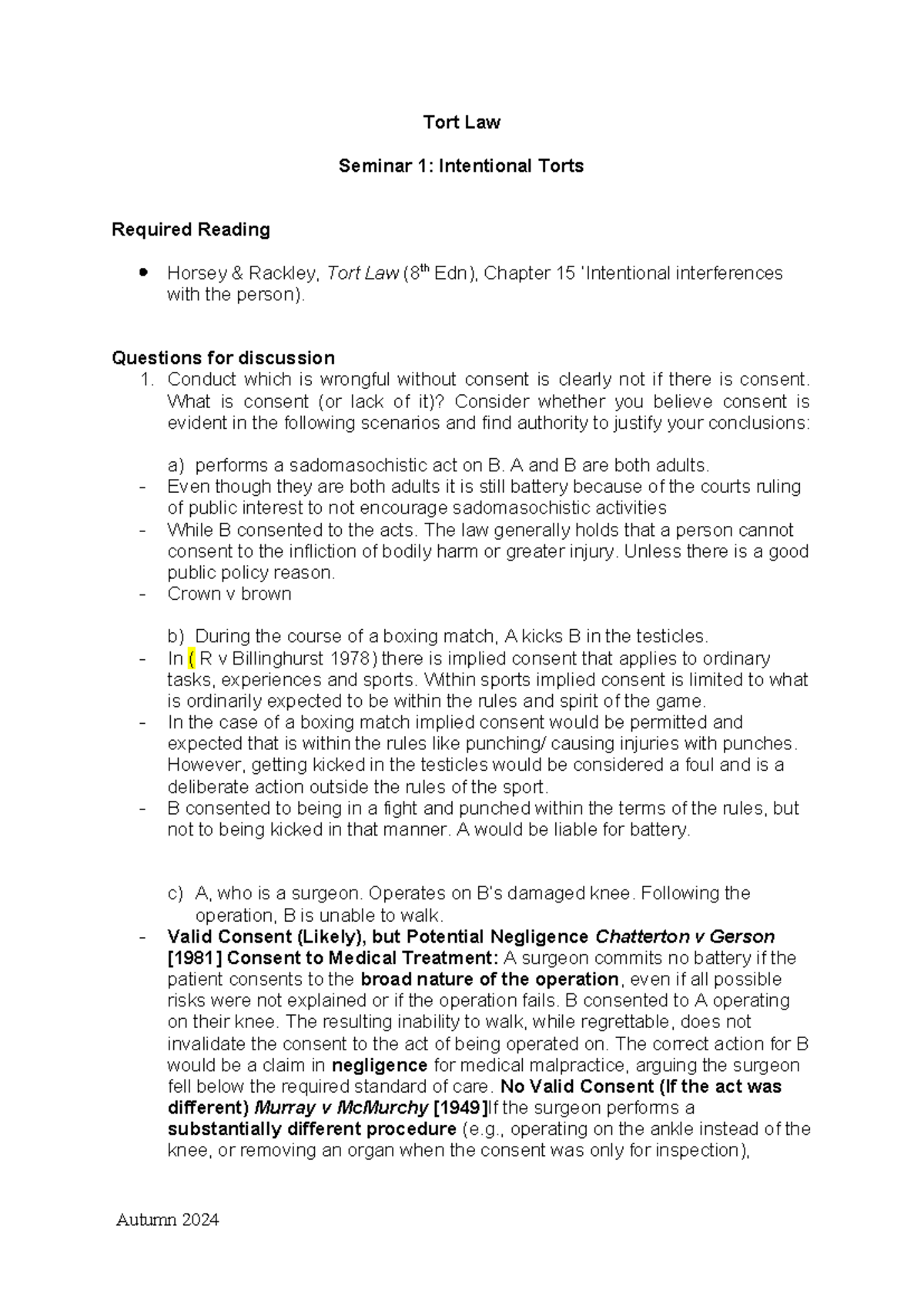 Tort Law Seminar 1: Intentional Torts Discussion & Case Analysis - Studocu