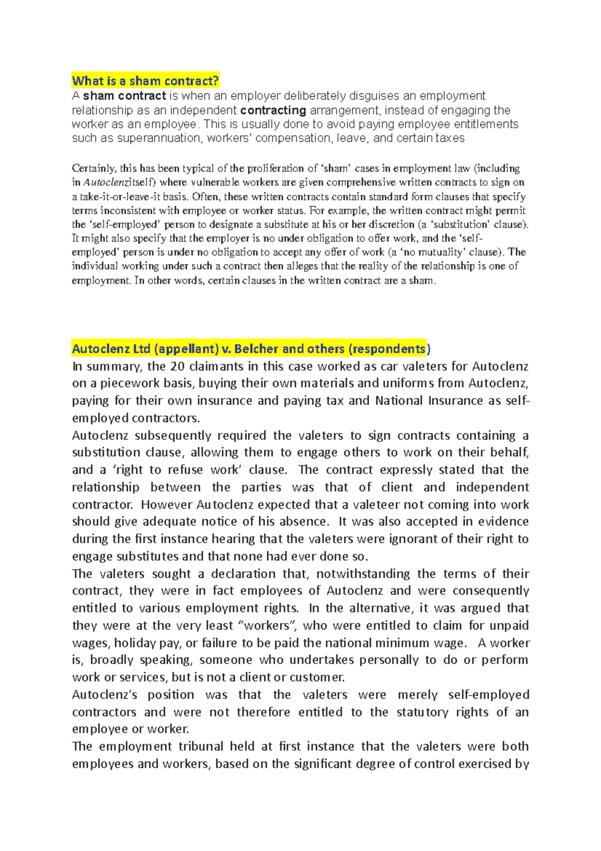 Employment Law Case Analysis: Seminar 2 Focus on Sham Contracts - Studocu