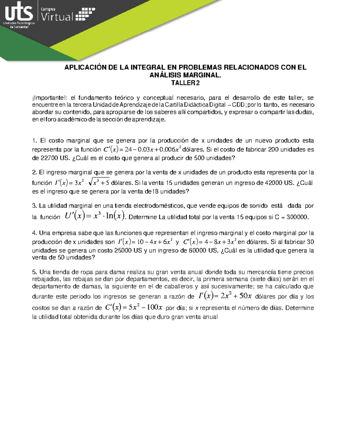 Taller 2 - Aplicación de la Integral en Análisis Marginal y Problemas ...