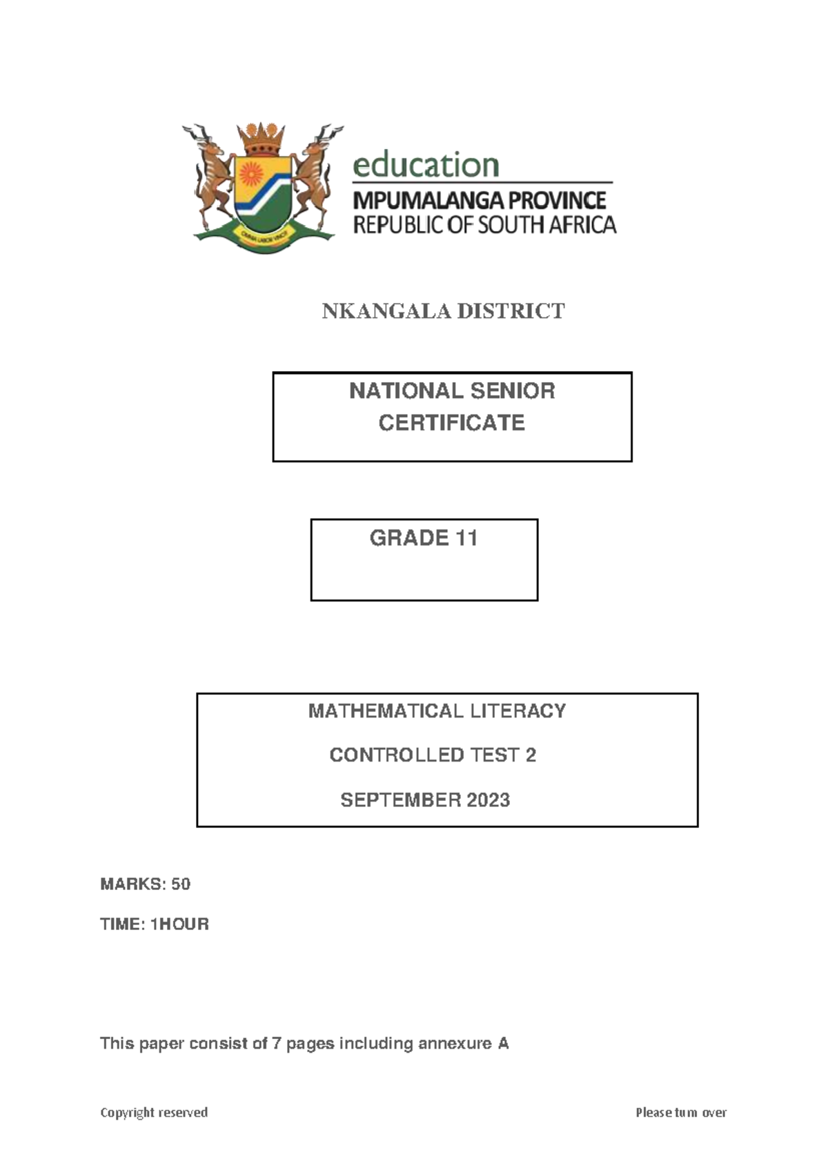 Mathematical Literacy 11 NSC Controlled Test 2 - September 2023 - Studocu