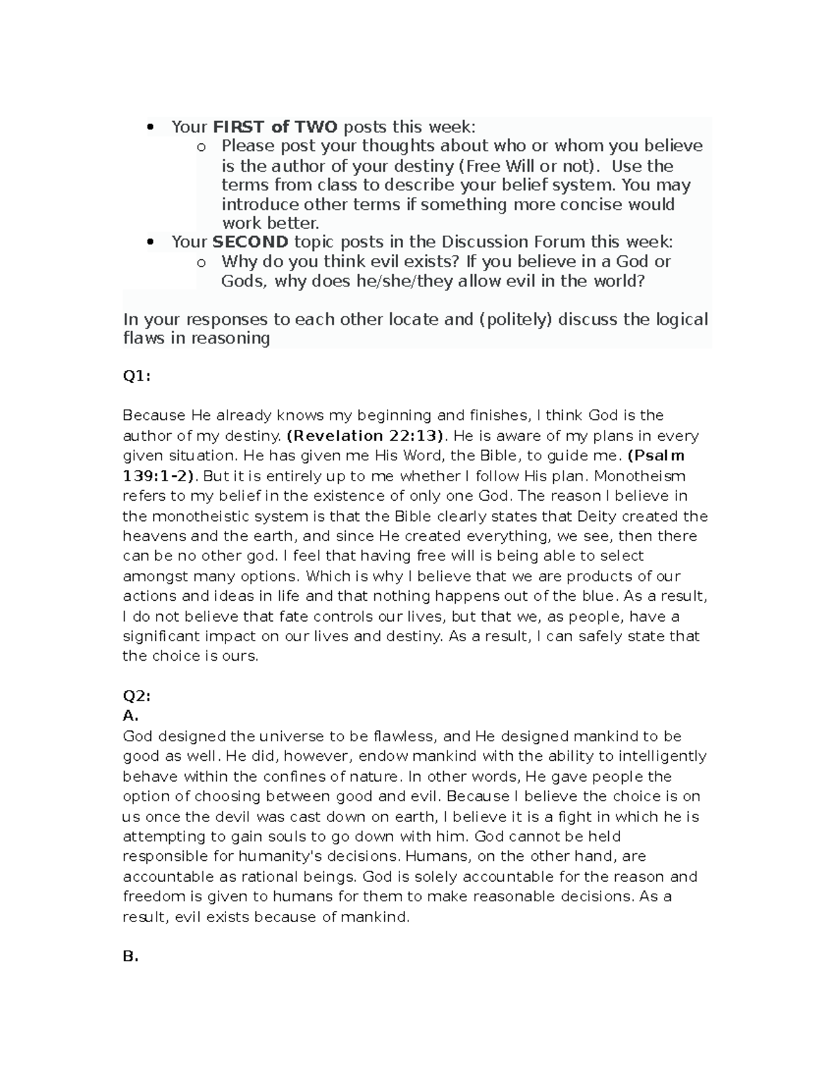 PHI 101 Discussion Forum Unit 3: Exploring Free Will and the Existence ...