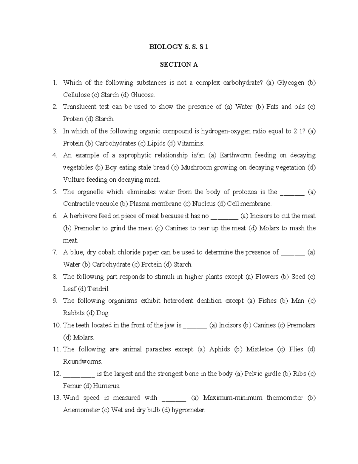 Biology S. S. S. 1 Quiz Questions and Answers - Studocu