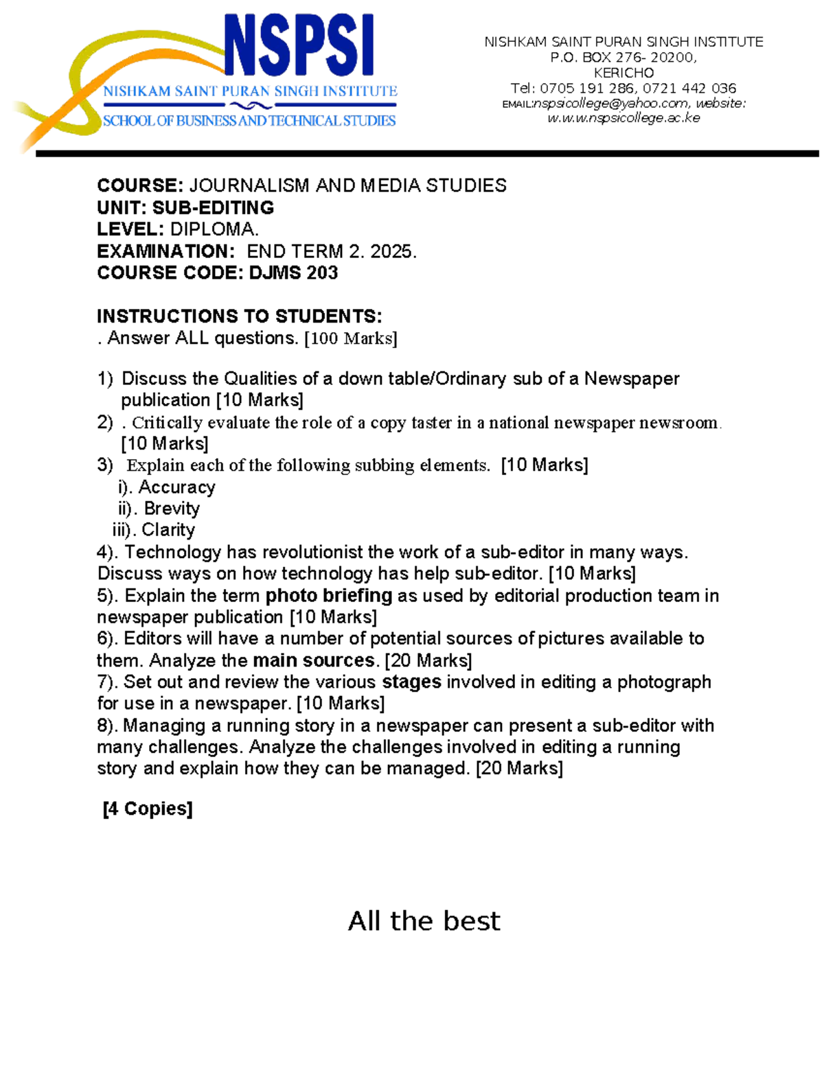 Sub-editing Exam Notes - JOURNALISM AND MEDIA STUDIES DJMS 203 - Studocu