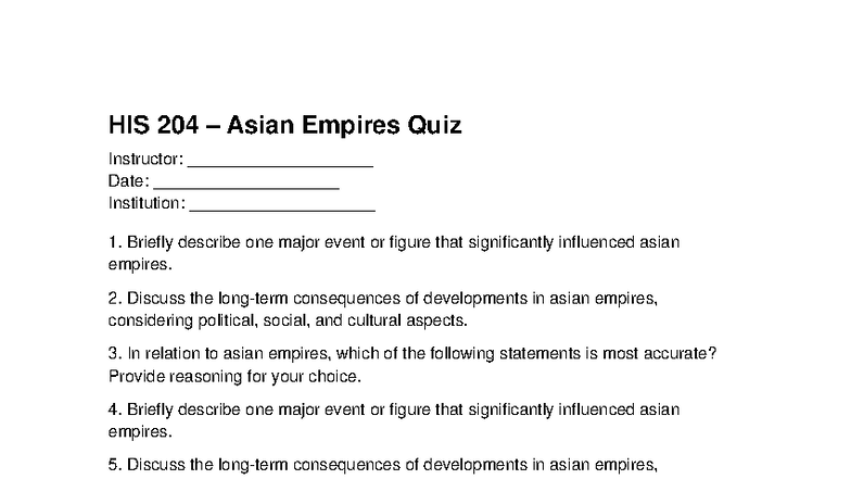 HIS 204 Asian Empires Quiz Review and Key Concepts - Studocu