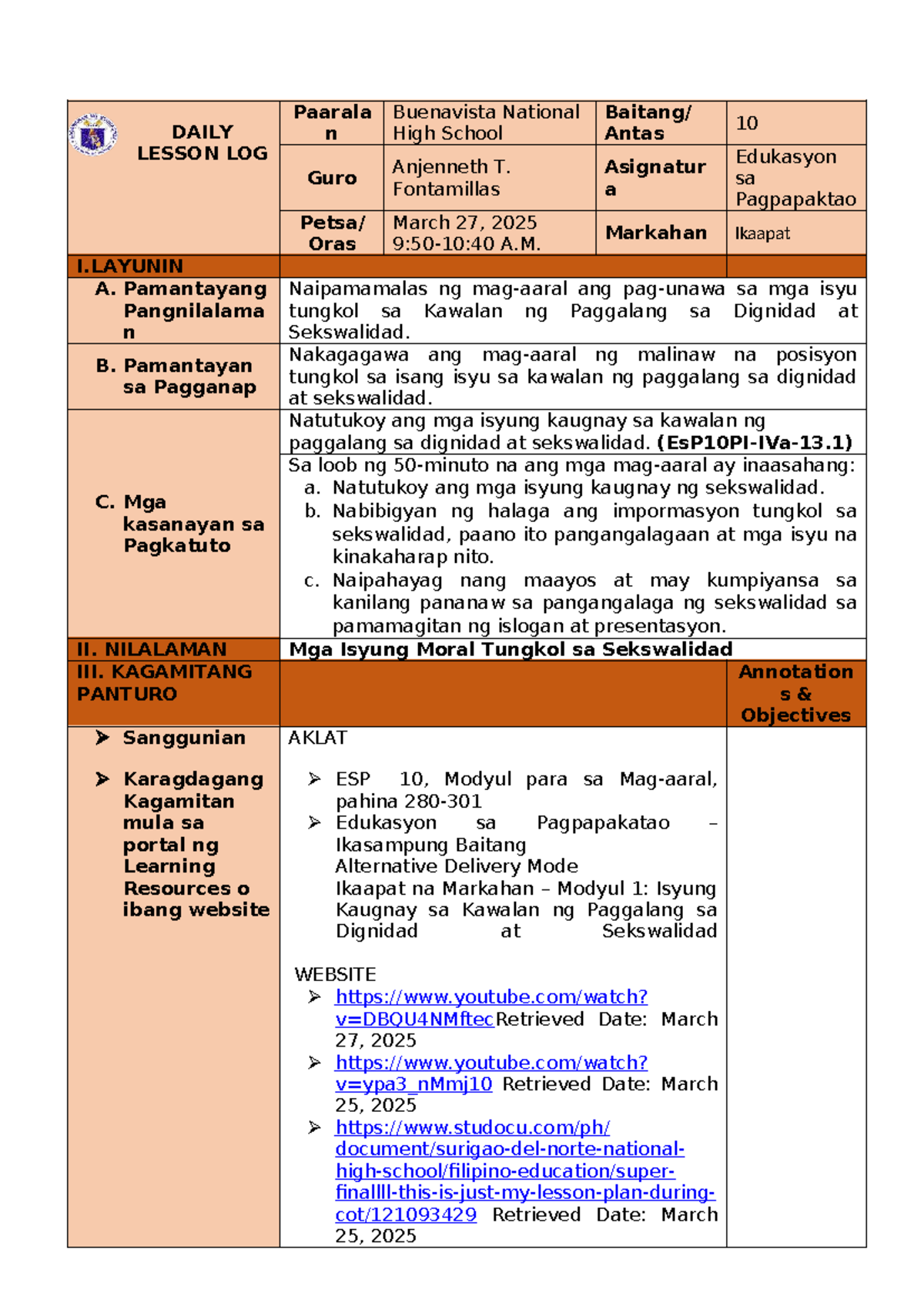 DAILY LESSON LOG: Isyung Moral sa Sekswalidad (ESP 10, Ikaapat na Markahan) - Document Preview