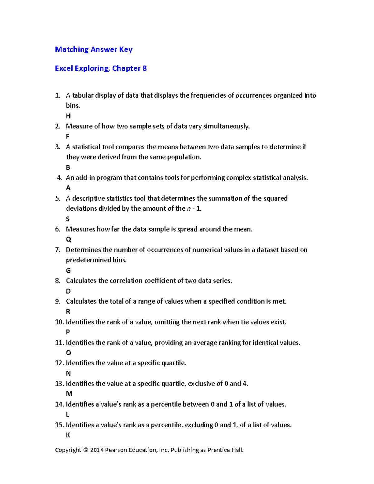 Excel Exploring: Key Term Matching Answers for Chapter 8 - Studeersnel