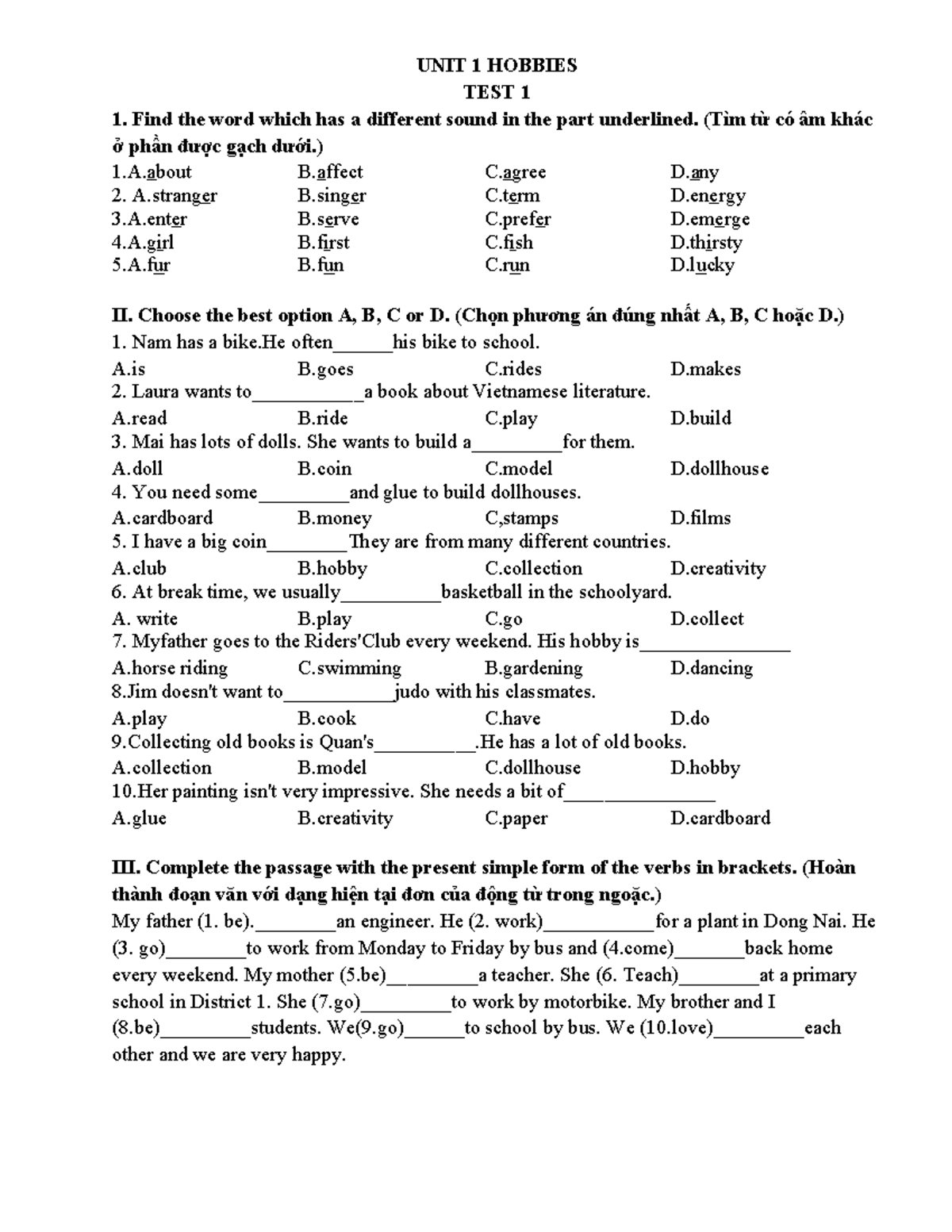 UNIT 1: HOBBIES TEST 1 - Final Exam Preparation - Studocu