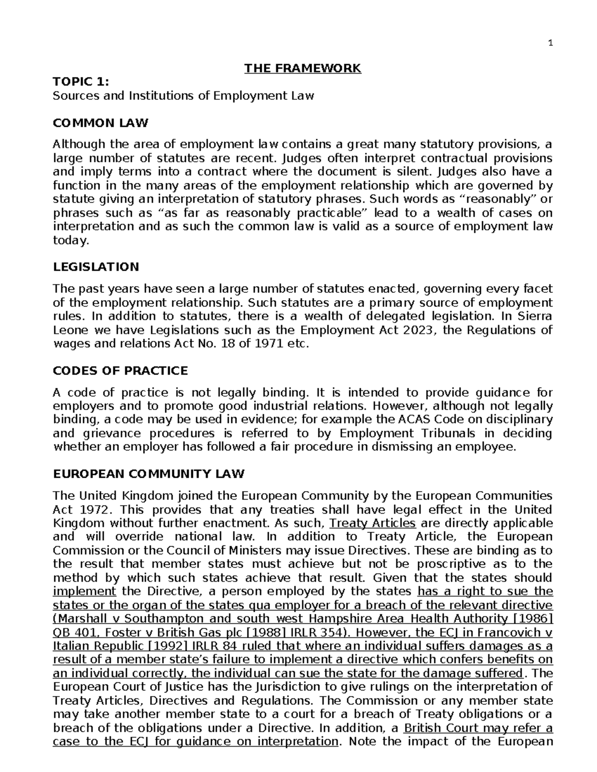 Employment Law Framework: Sources & Institutions Overview (LLM) - Studocu