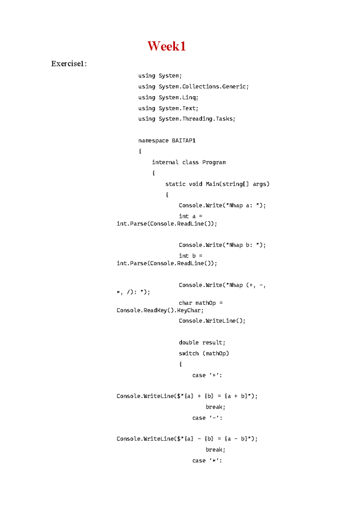 Week 1 Exercise 1: Code Implementation in BAITAP1 - Studocu