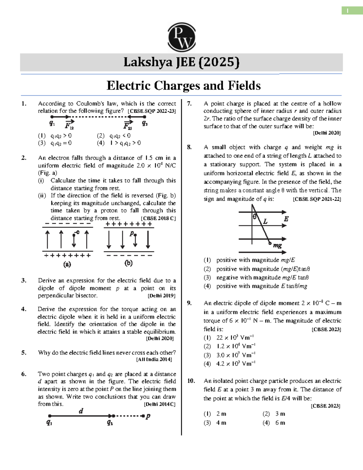 Electric Charges and Fields - Question Notes for JEE (669F) - Studocu