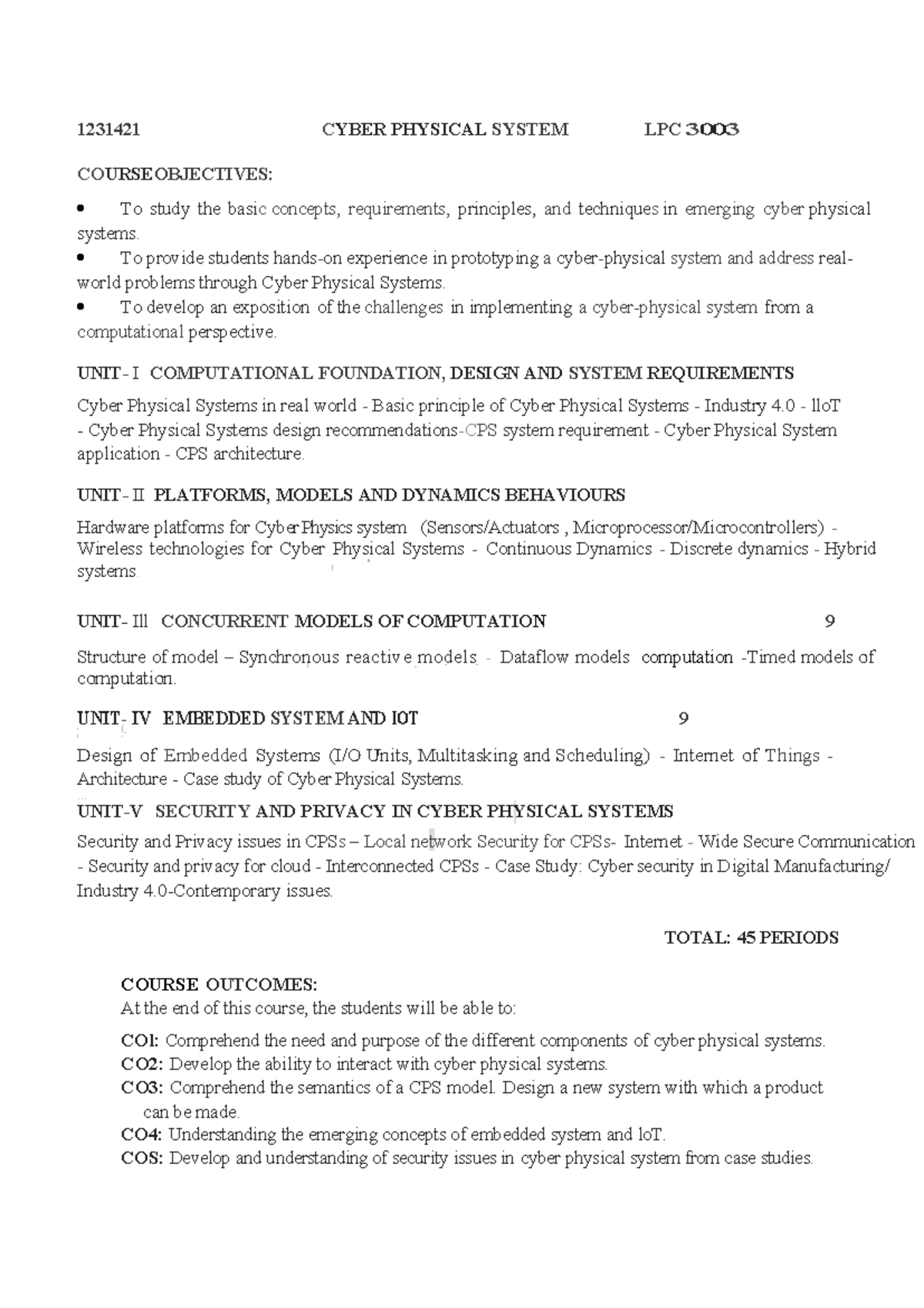 LPC 3003 Cyber Physical Systems Course Overview and Objectives - Studocu