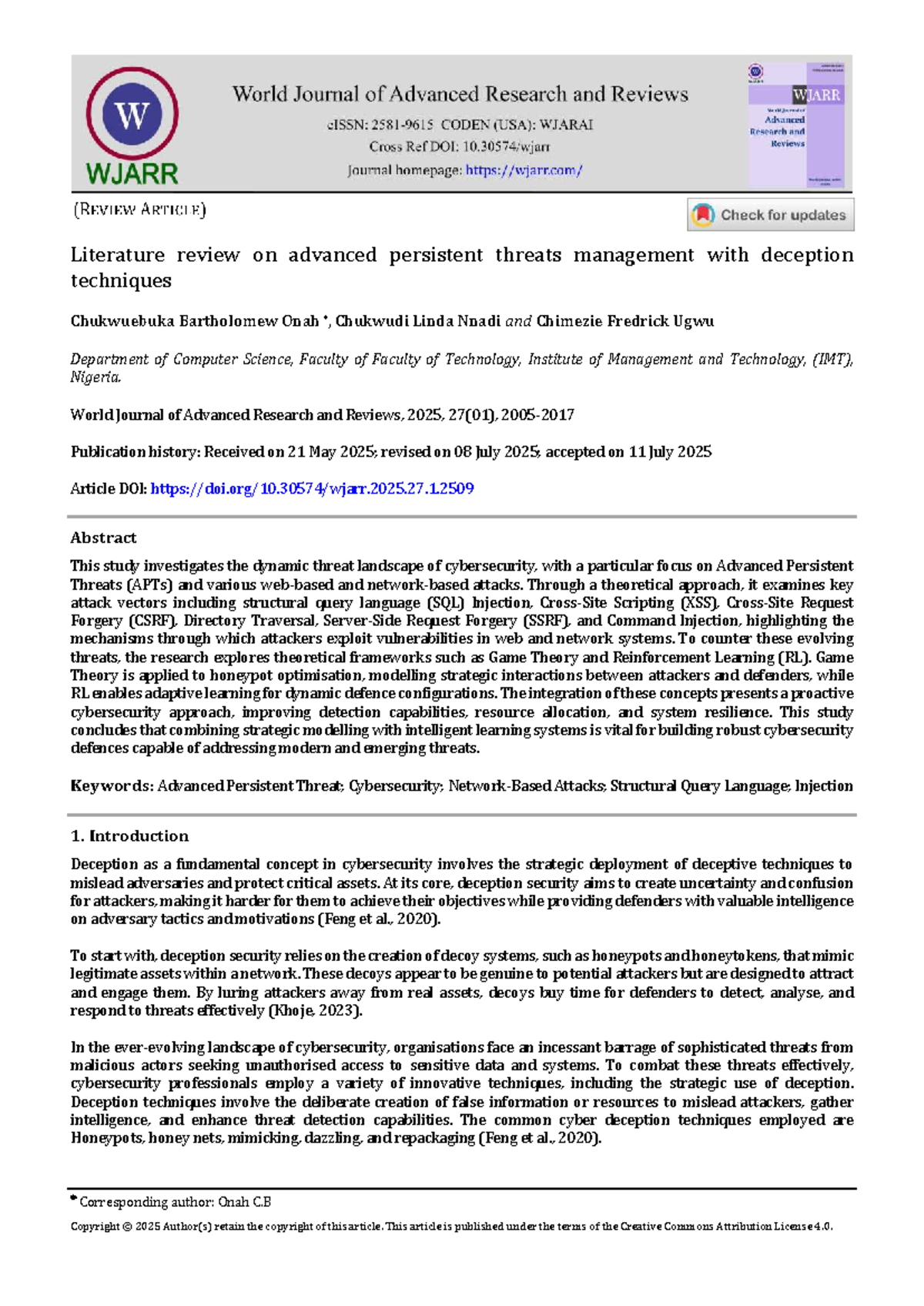 Literature Review on APT Management Using Deception Techniques (CS 2025 ...