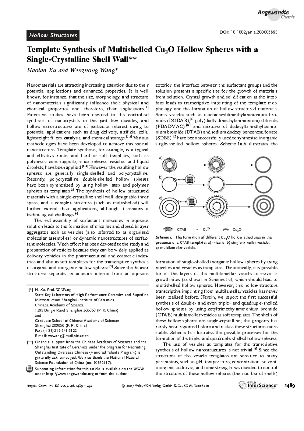 Template Synthesis of Multifunctional Multishelled Cu2O Hollow Spheres ...