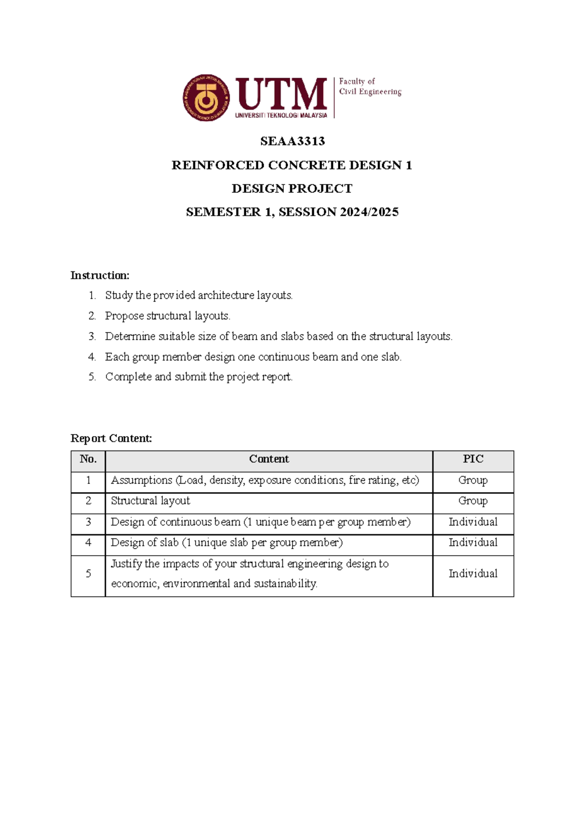 SEAA3313 Reinforced Concrete Design 1 Project Report - Semester 1 - Studocu