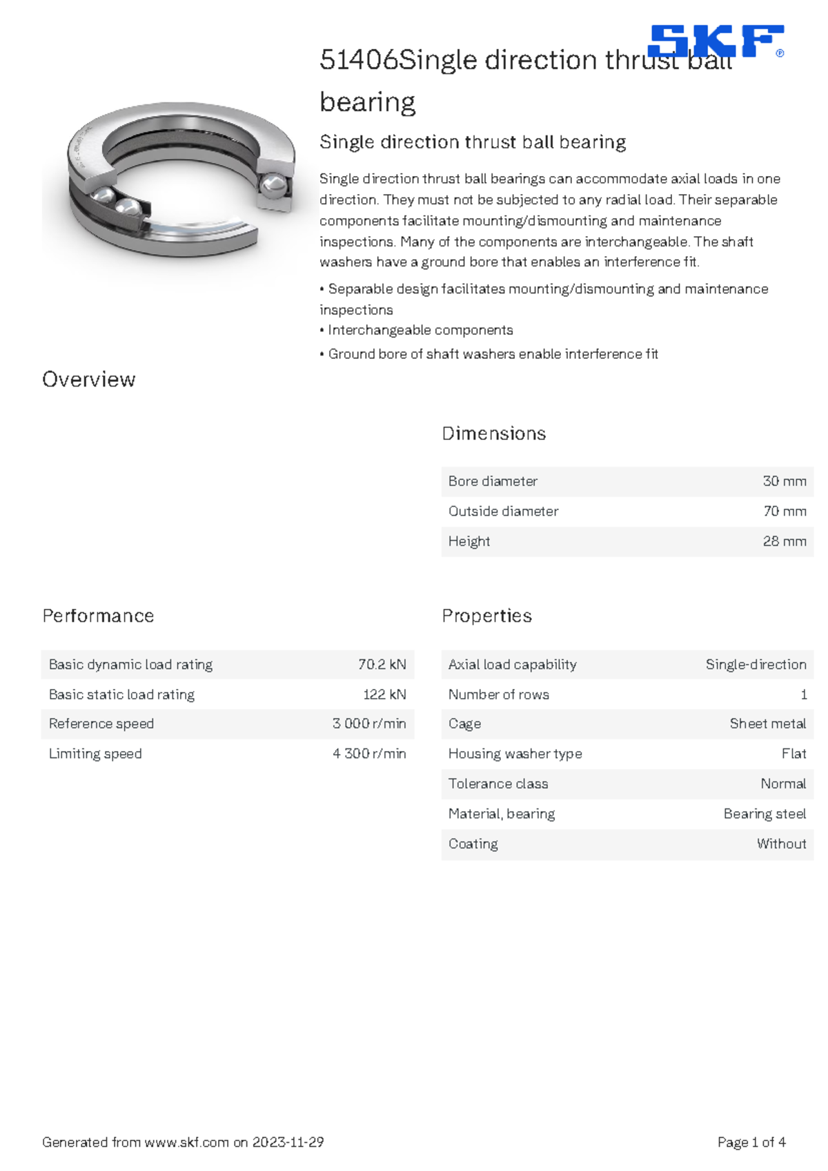 SKF 51406 Single direction thrust ball bearing specification ...