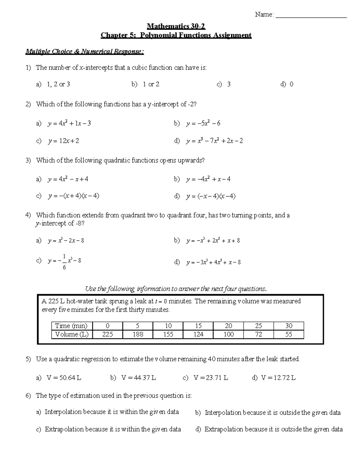Mathematics LG 5 Assignment: Polynomial Functions & Regression Analysis ...
