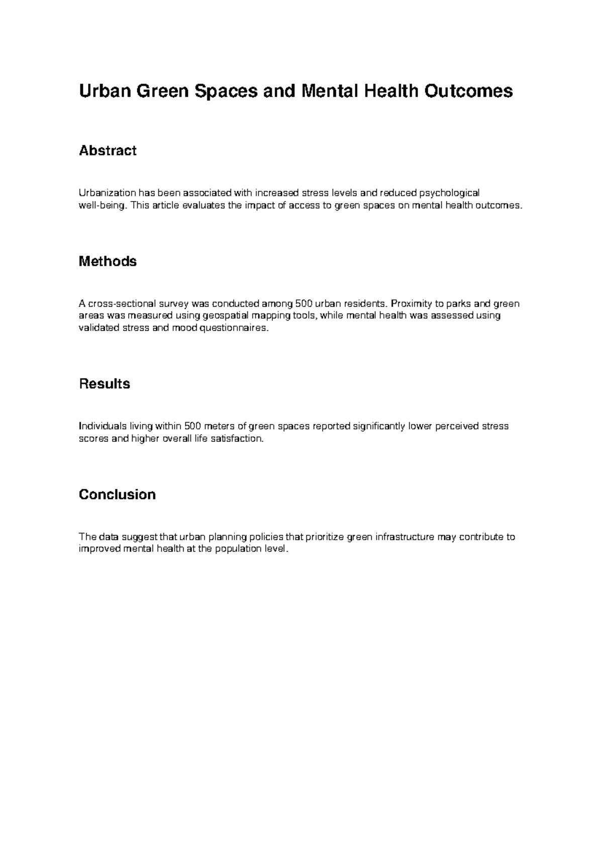 Urban Green Spaces & Mental Health Outcomes: A Study - Studeersnel