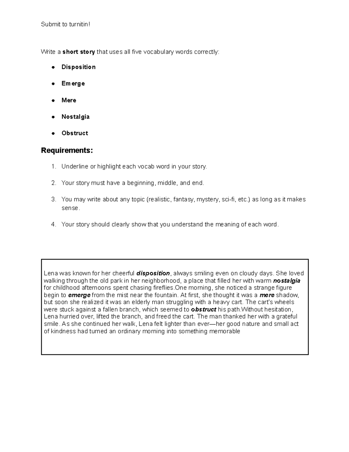 Vocab Story Assignment - Short Story with Vocabulary Words - Studocu