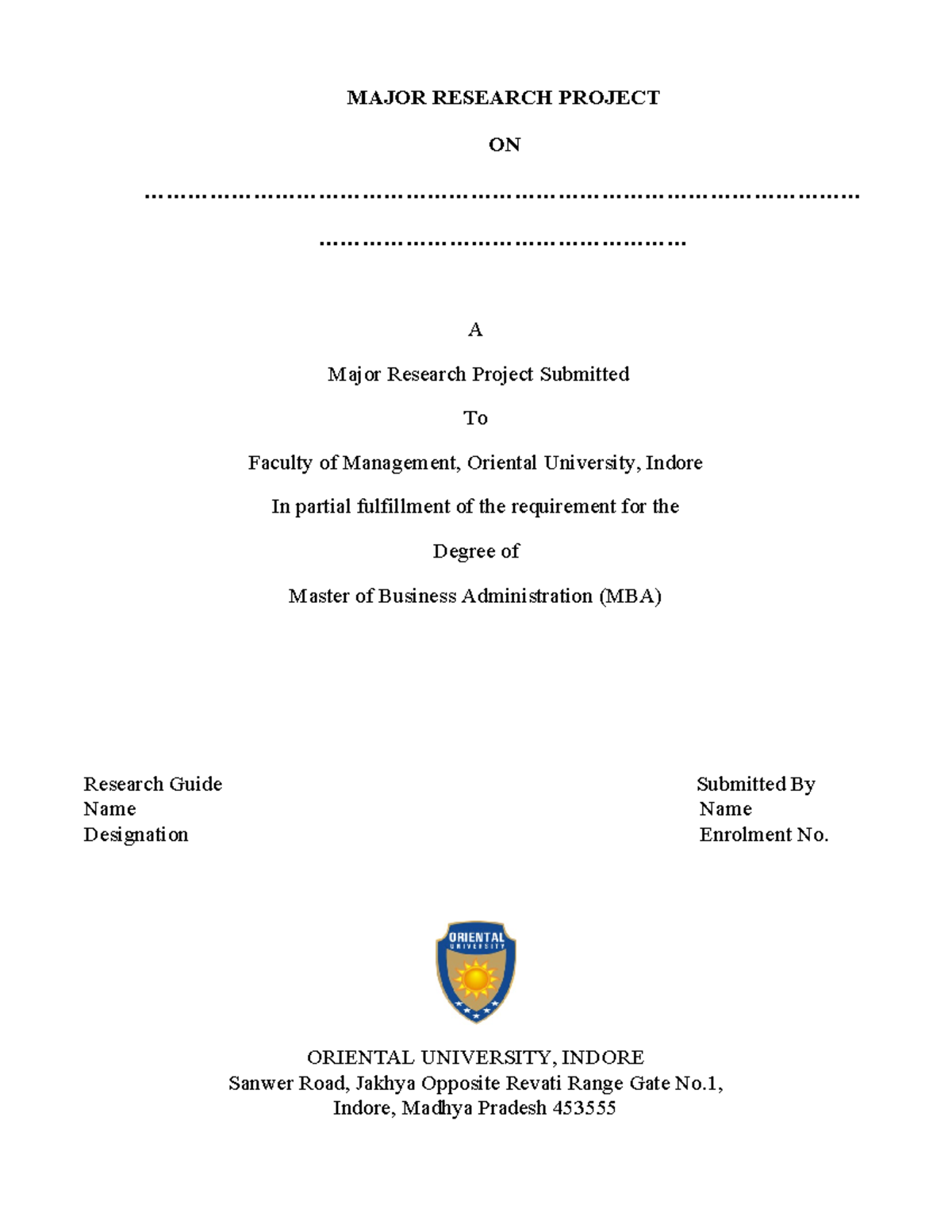 MBA Major Research Project Front Pages - 2026 - Studocu