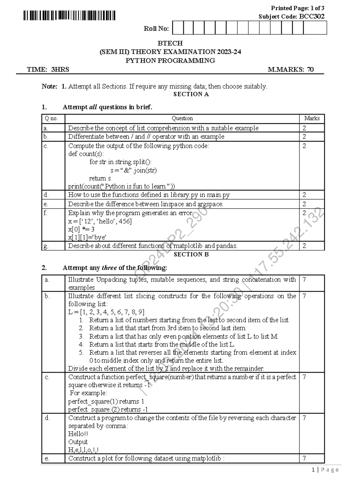 BCC302 Python Programming Theory Exam - Past Year Questions (2023 ...