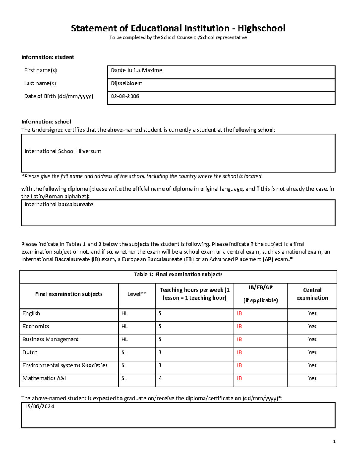 Highschool Educational Statement for Dante Dijsselbloem - IB Subjects ...